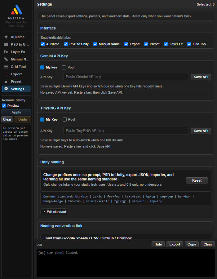 ArtFlow settings and API configuration
